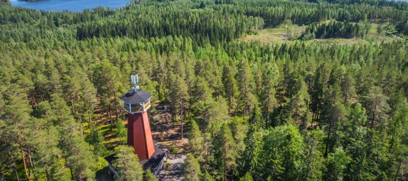 Ilmakuva metsästä ja järvestä Haralanharjun näkötornilta